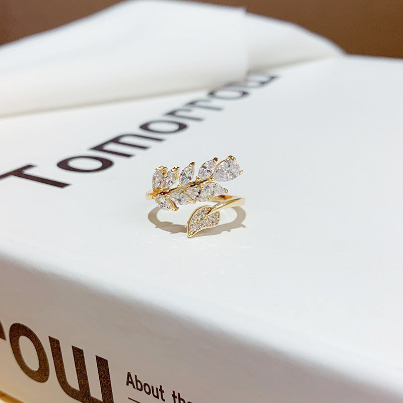 Zircon Crystal Leaf Ring For Women Real Gold Plating Open Band Korean Style Elegant Jewelry Modern Style Piece