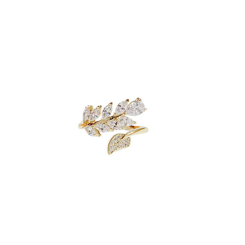 Zircon Crystal Leaf Ring For Women Real Gold Plating Open Band Korean Style Elegant Jewelry Modern Style Piece