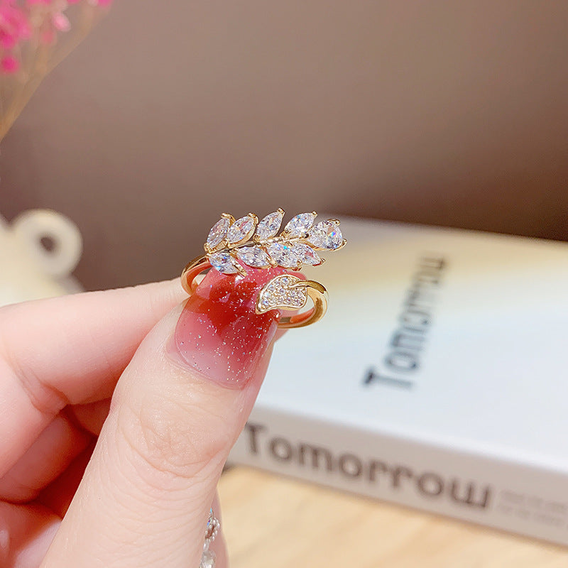 Zircon Crystal Leaf Ring For Women Real Gold Plating Open Band Korean Style Elegant Jewelry Modern Style Piece