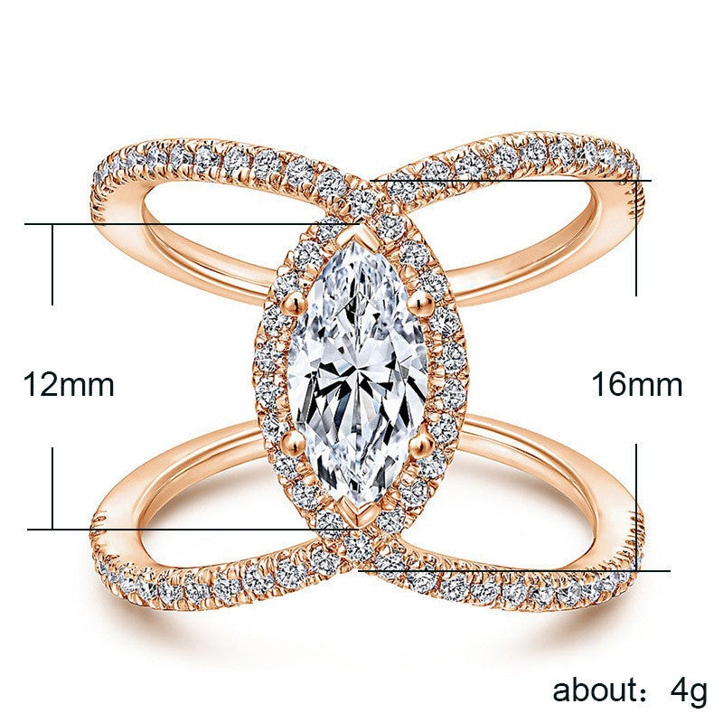 Unisex Double C Shaped Horse Eye Zircon Ring White Gold Plated Geometric Diamond Hand Jewelry Accessory Deluxe