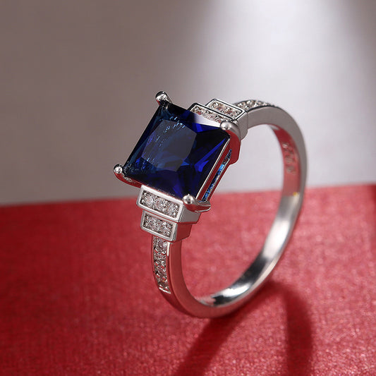 Gold Plated Copper Ring With Dark Blue Zircon Inlaid Gemstones Geometric Design Fashion Jewelry Everyday Style