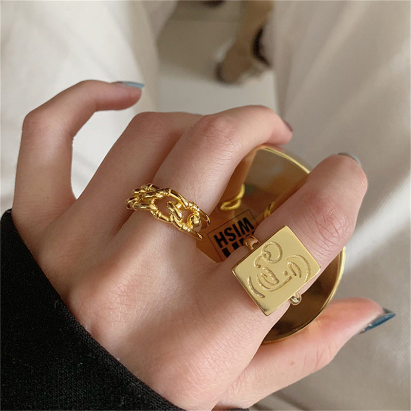 Gold Stainless Steel Square Smile Face Thick Chain Rings Set Of 3 Geometric Unisex Jewelry Fashion Rings Style