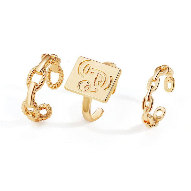 Gold Stainless Steel Square Smile Face Thick Chain Rings Set Of 3 Geometric Unisex Jewelry Fashion Rings Style