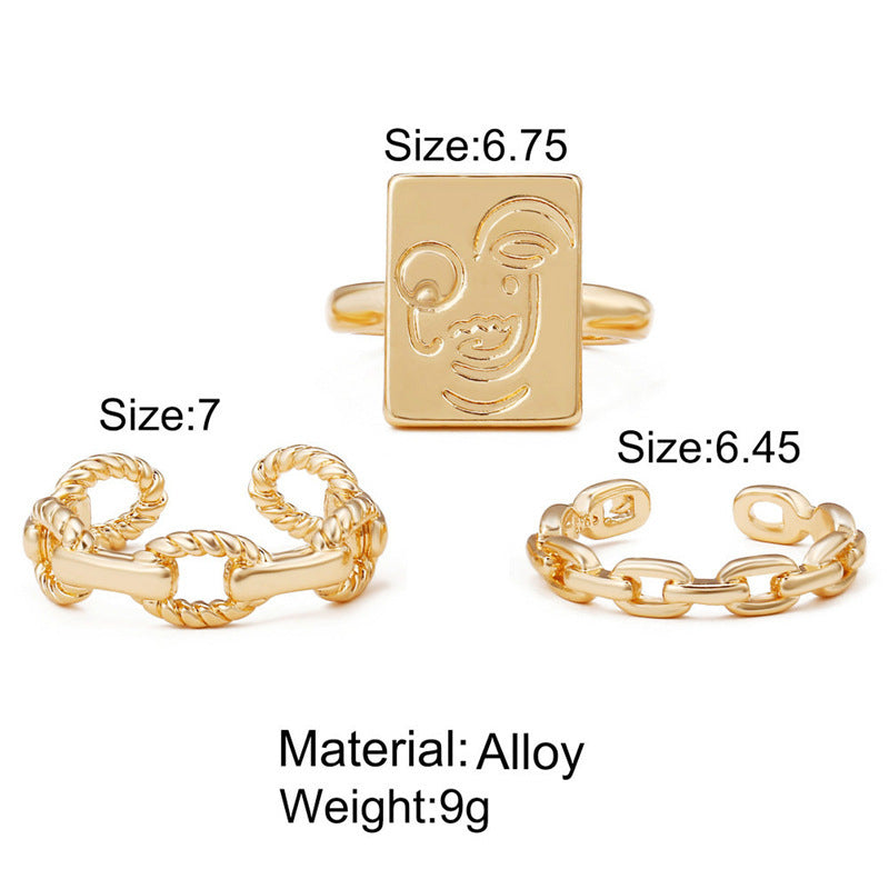 Gold Stainless Steel Square Smile Face Thick Chain Rings Set Of 3 Geometric Unisex Jewelry Fashion Rings Style