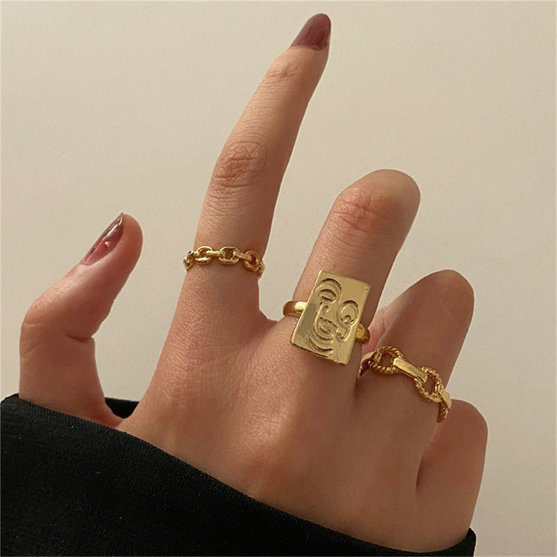 Gold Stainless Steel Square Smile Face Thick Chain Rings Set Of 3 Geometric Unisex Jewelry Fashion Rings Style