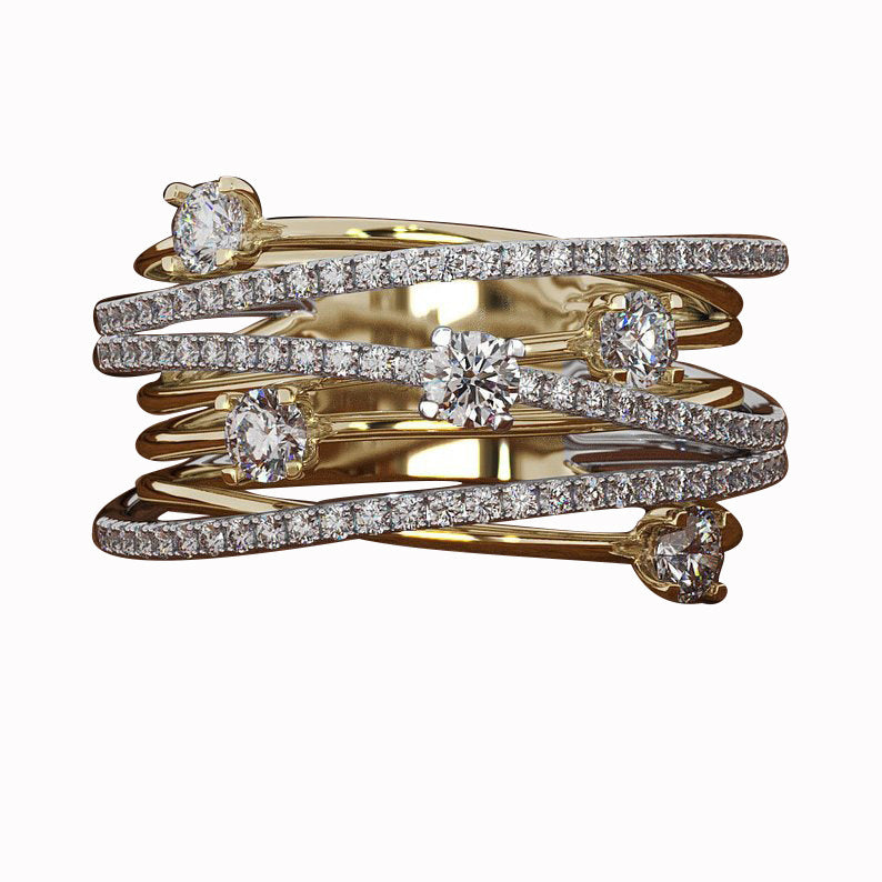 New Flash Diamond And Micro Inlaid Zircon Ring European American Creative Women Cross Color Ring For Daily Use