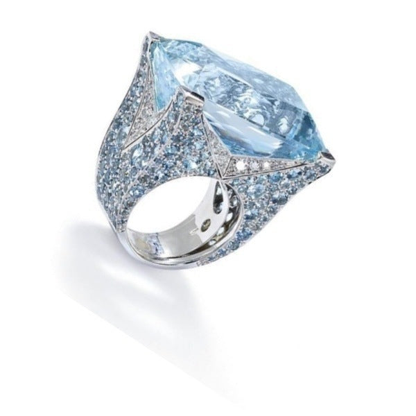 Womens Fashion Ring Blue Square Stone Electroplated European American Design Dazzling Statement Jewelry Gift For Women