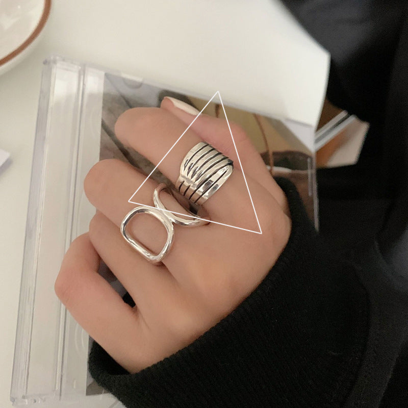 Womens Silver Geometric Wide Band Ring Adjustable Korean Style Gift For Holidays And Everyday Wear Gift For Me
