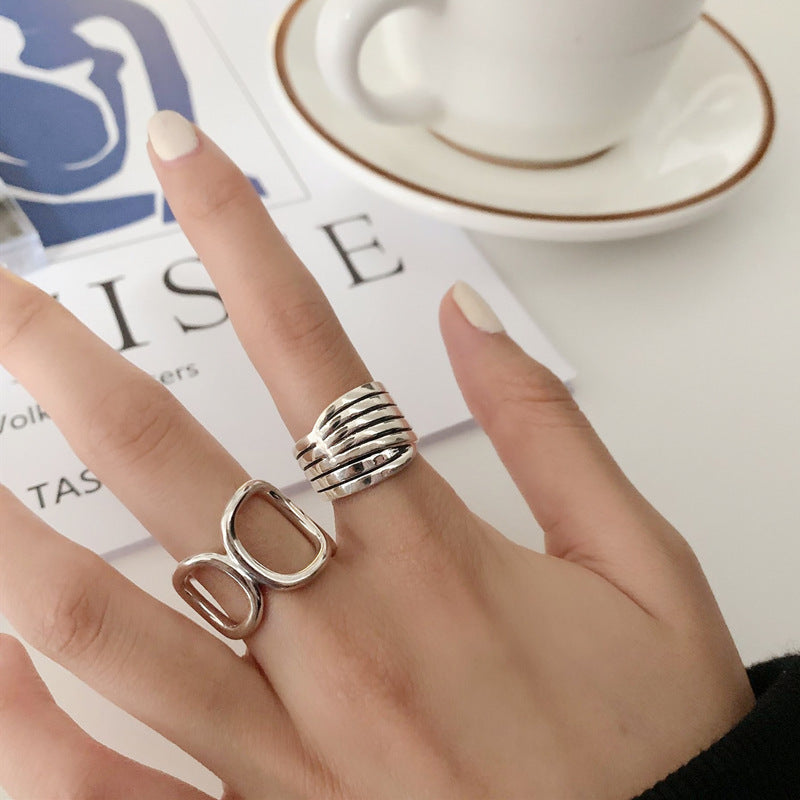 Womens Silver Geometric Wide Band Ring Adjustable Korean Style Gift For Holidays And Everyday Wear Gift For Me