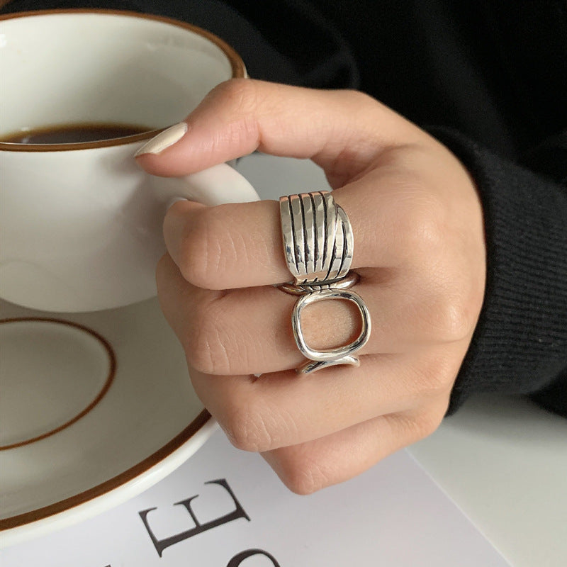 Womens Silver Geometric Wide Band Ring Adjustable Korean Style Gift For Holidays And Everyday Wear Gift For Me