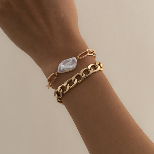 Geometric Pearl Layered Chain Bracelet For Women With Alloy Inlay Anniversary Gift Elegant Everyday Wear Gifts