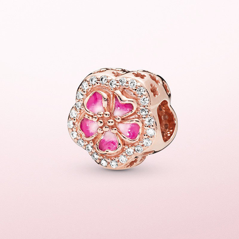 Rose Gold Bunny Charm Bead With Dazzling Flowers S925 Silver Electroplated Loose Bead For Jewelry Making Crafts