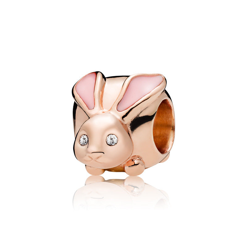 Rose Gold Bunny Charm Bead With Dazzling Flowers S925 Silver Electroplated Loose Bead For Jewelry Making Crafts