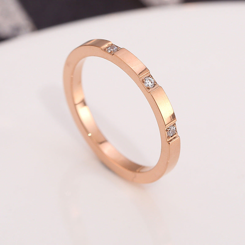 Three Diamond Titanium Steel Ring With 18k Rose Gold Plating And Zircon Inlay For Women Jewelry Elegant Design