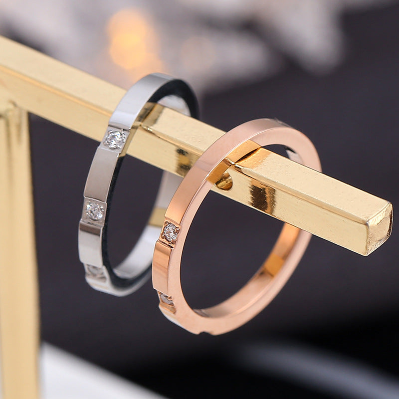 Three Diamond Titanium Steel Ring With 18k Rose Gold Plating And Zircon Inlay For Women Jewelry Elegant Design