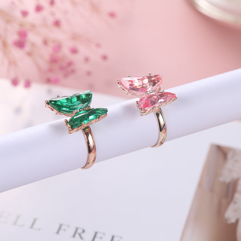 Womens Butterfly Ring Alloy Animal Ornaments Bowknot Design Baking Varnish Process Green Red Wind Ring Fashion