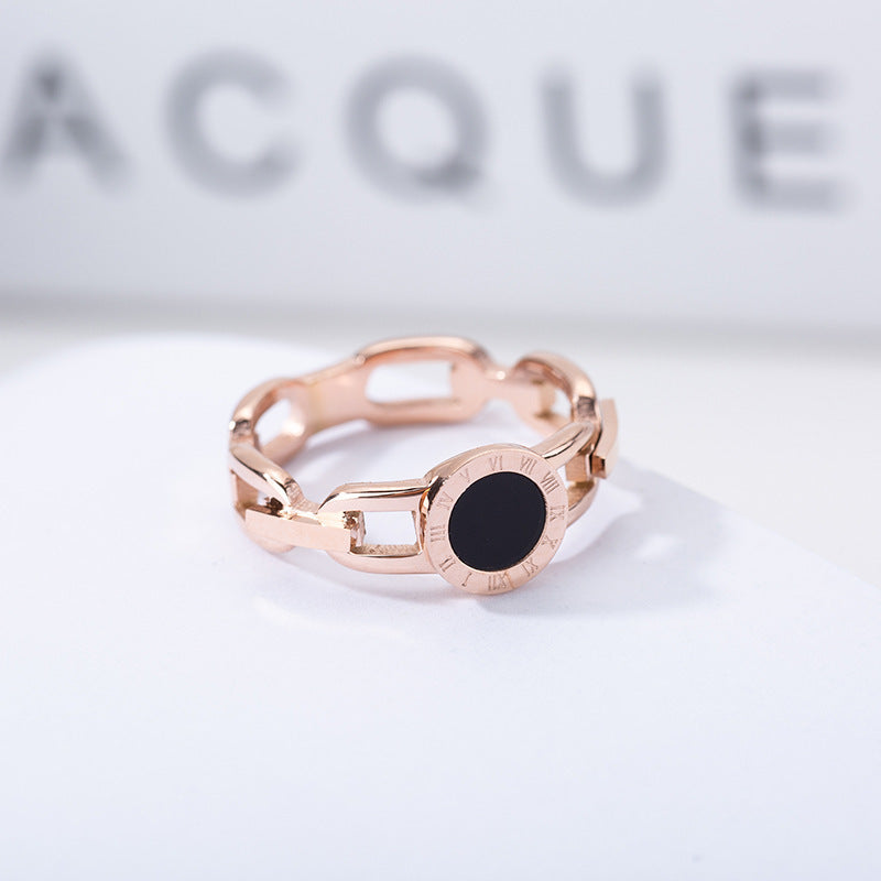 Openwork Roman Numerals Black Round Rose Gold Ring Titanium Steel Vintage Style Jewelry For Women Everyday Wear