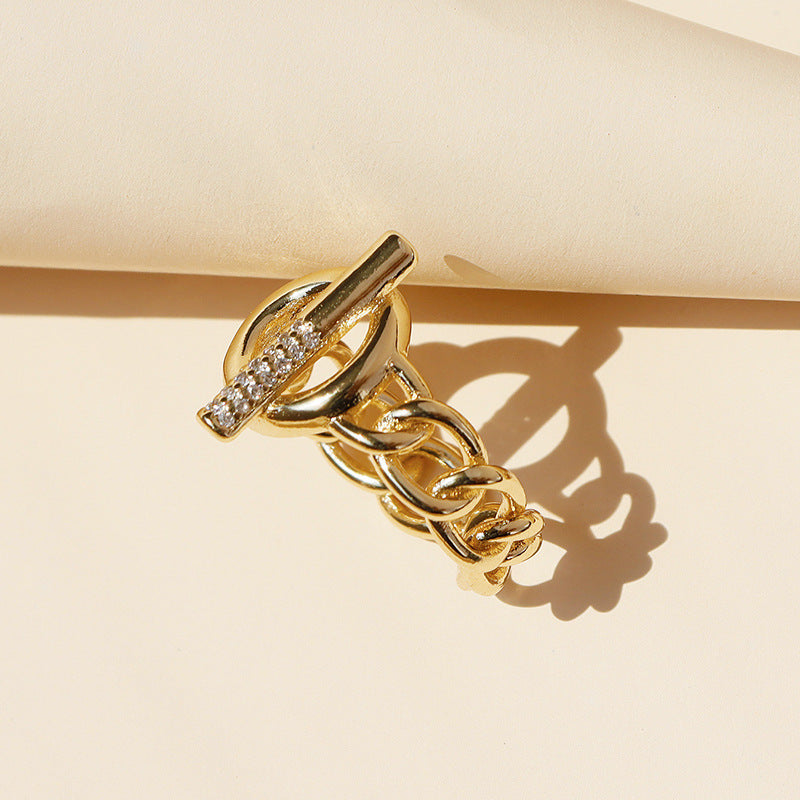 Microinlaid Zircon Ring With Metal Texture Fashion Creative Chain Design Jewelry For Women For Daily Wear Look