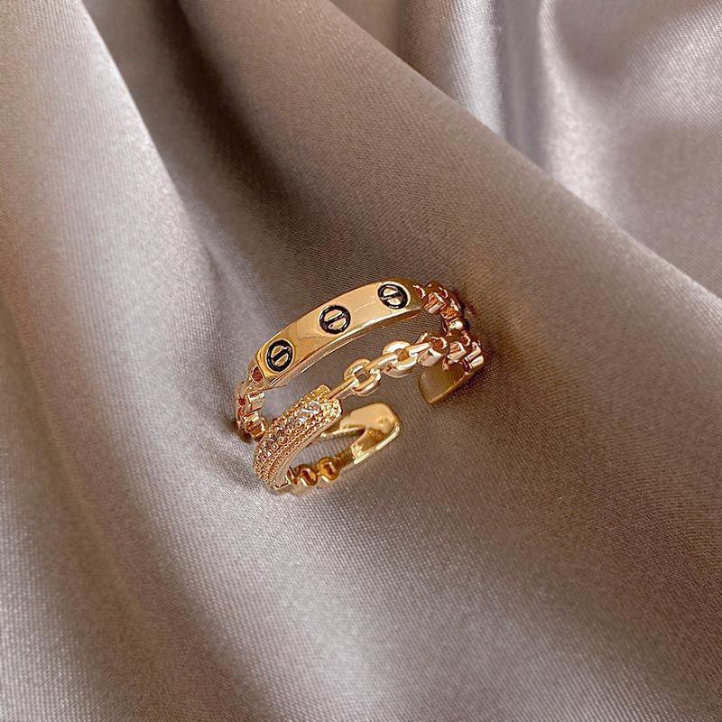 Rose Gold Titanium Steel Double Letter Ring Set for Women and Men Including Two Initial Rings in Sizes Six Seven Eight