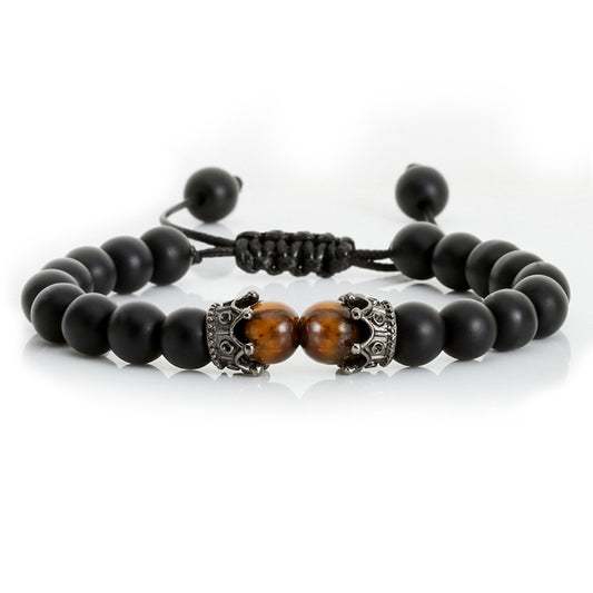 Unisex Lava Stone Bracelet Tiger Eye Beads Bohemian Ethnic Weave U Shape Design Retro Crown Charm Weaving Chic