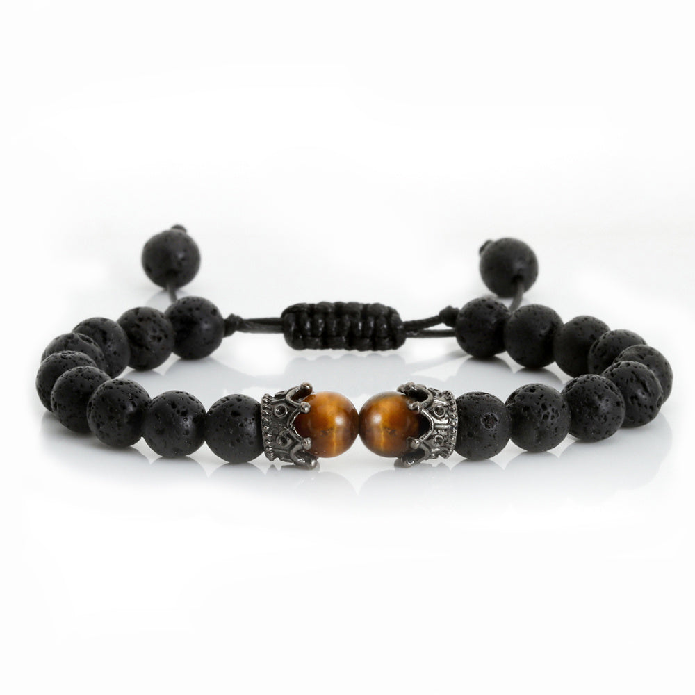 Unisex Lava Stone Bracelet Tiger Eye Beads Bohemian Ethnic Weave U Shape Design Retro Crown Charm Weaving Chic