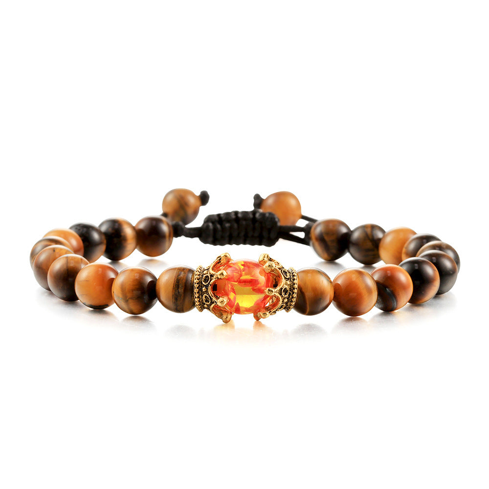 Unisex Lava Stone Bracelet Tiger Eye Beads Bohemian Ethnic Weave U Shape Design Retro Crown Charm Weaving Chic