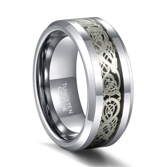 Mens Tungsten Steel Ring Celtic Dragon Inlay Silver Tone Durable Stylish Band Jewelry Gift For Him Silver Tone