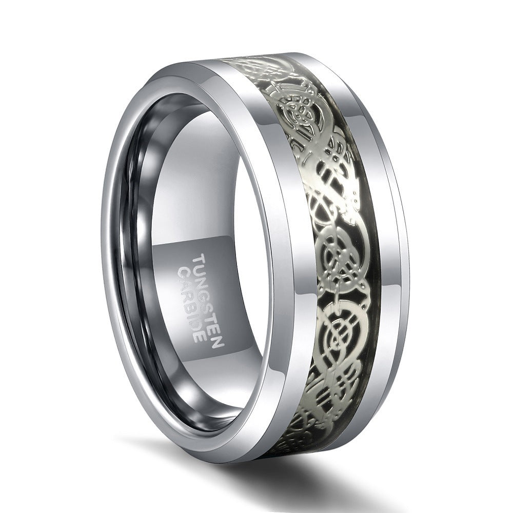 Mens Tungsten Steel Ring Celtic Dragon Inlay Silver Tone Durable Stylish Band Jewelry Gift For Him Silver Tone