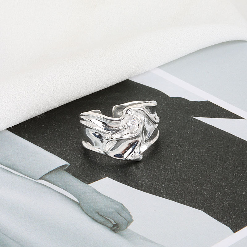 Womens Adjustable Copper Ring With Irregular Bumps And Micro Zircon Inlays Fashion Jewelry Electroplated Copper Finish