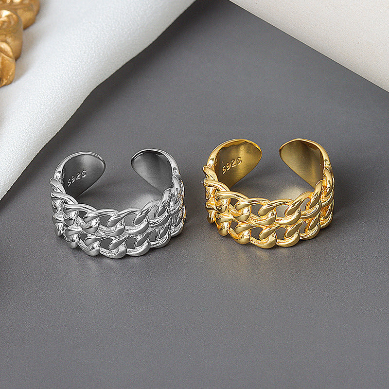 Adjustable Geometric Copper Ring With Chain Detail Electroplated Wide Face Fashion Jewelry Gift For Her Online