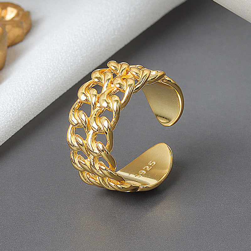 Adjustable Geometric Copper Ring With Chain Detail Electroplated Wide Face Fashion Jewelry Gift For Her Online