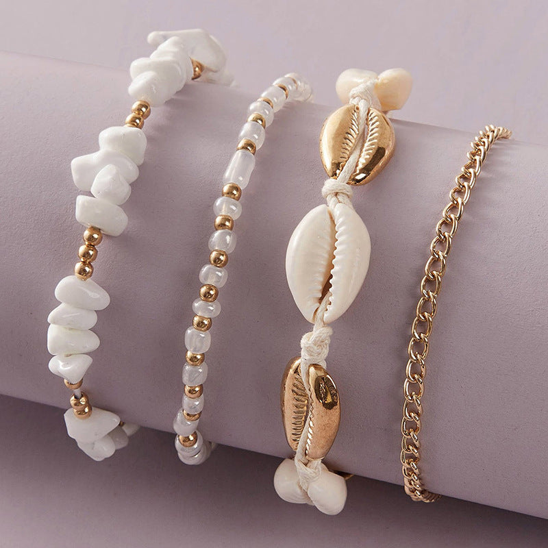 Unisex Anklet Set Vintage Beach Shell Anklets Rice Bead And Braided Design Alloy Metal Electroplated Ankle Bracelets