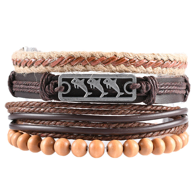 Unisex Leather Braided Bracelet With Alloy Zodiac Animal Design Fashion Wristband Jewelry Cowhide Leather Gold