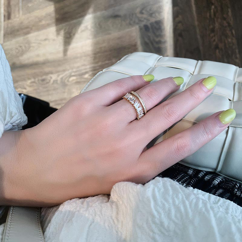 Zircon Double Layer Ring With Gold Inlaid Gemstones Adjustable Korean Inspired Fine Jewelry Gift For Her Today