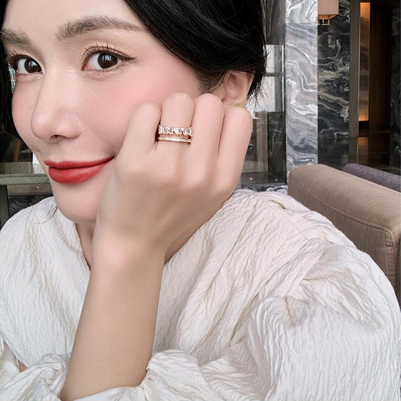 Zircon Double Layer Ring With Gold Inlaid Gemstones Adjustable Korean Inspired Fine Jewelry Gift For Her Today