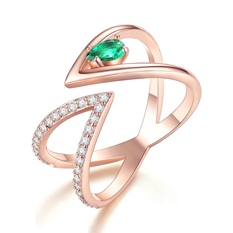 Womens Copper Ring With Zircon Inlaid Geometric V Shaped European American Style Green Diamond And More Colors
