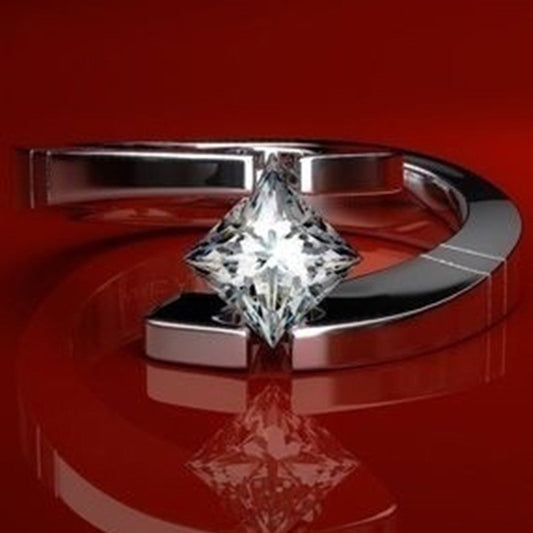 Womens Ring Simple Geometric Square Design With Simulated Zirconium Gemstones Silver Alloy Inlaid Jewelry Ring