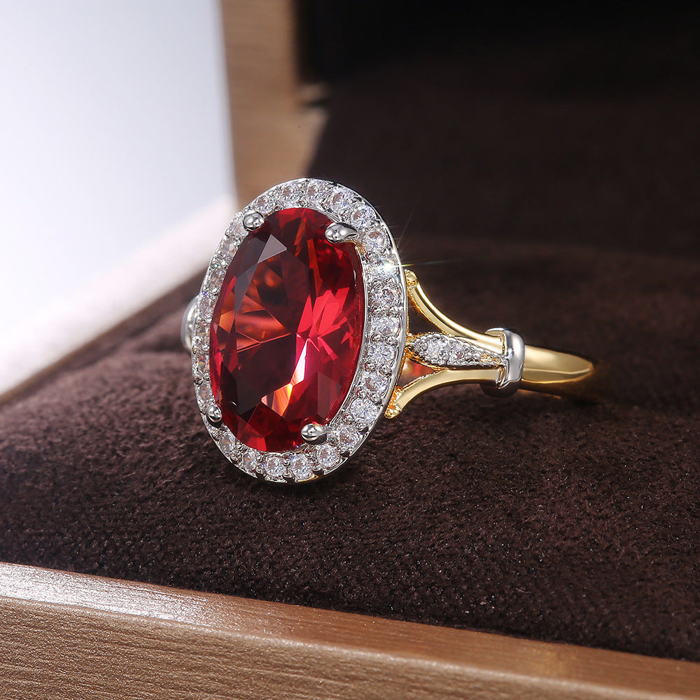 Garnet Red Zircon Two Tone Copper Ring Geometric Fashion Jewelry For Women Elegant Durable Gift For Anniversary