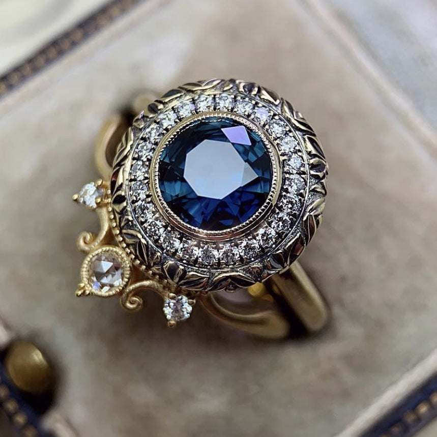 Retro Ladies Couple Rings Flower Design Gold Plated Gemstone European American Anniversary Engagement Gift Set