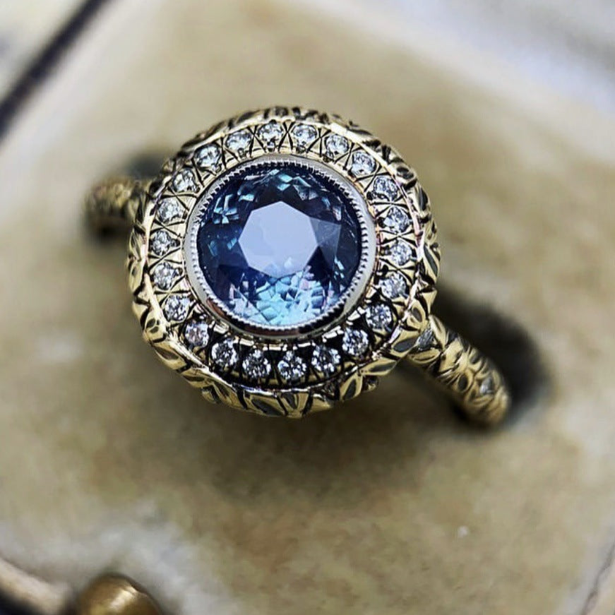 Retro Ladies Couple Rings Flower Design Gold Plated Gemstone European American Anniversary Engagement Gift Set