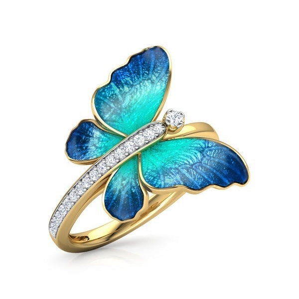 Golden Butterfly Ring For Women Alloy Jewelry With Golden Plating And Artificial Gems And Semi Precious Stones