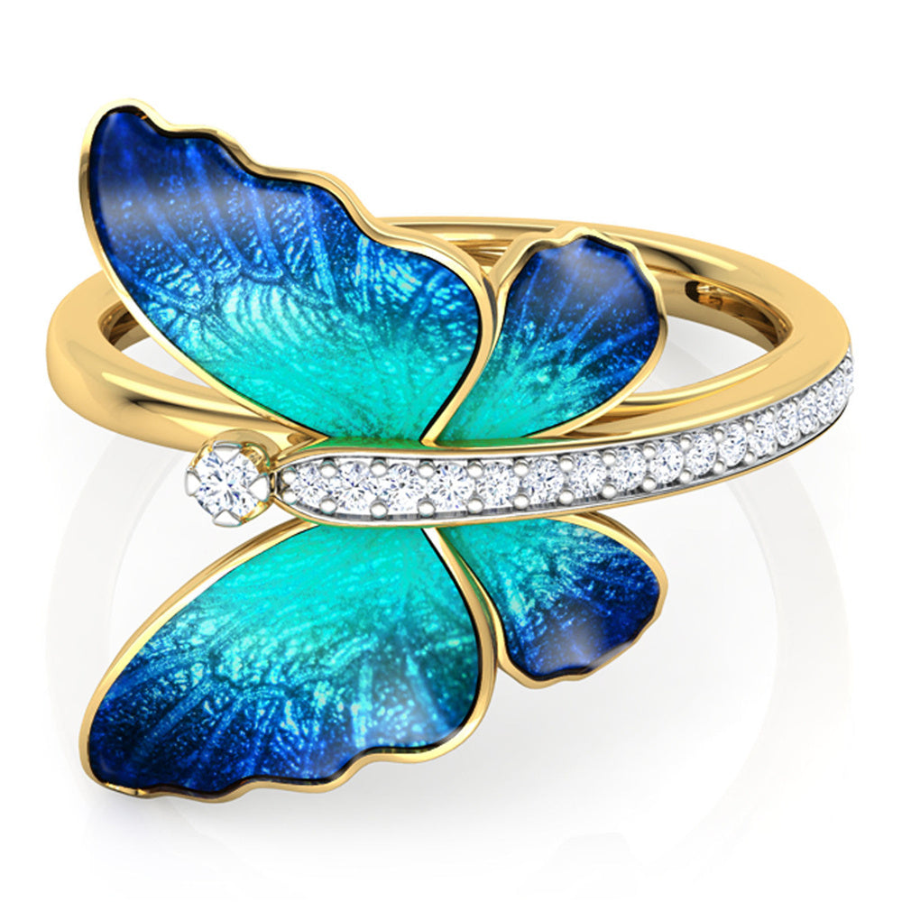 Golden Butterfly Ring For Women Alloy Jewelry With Golden Plating And Artificial Gems And Semi Precious Stones