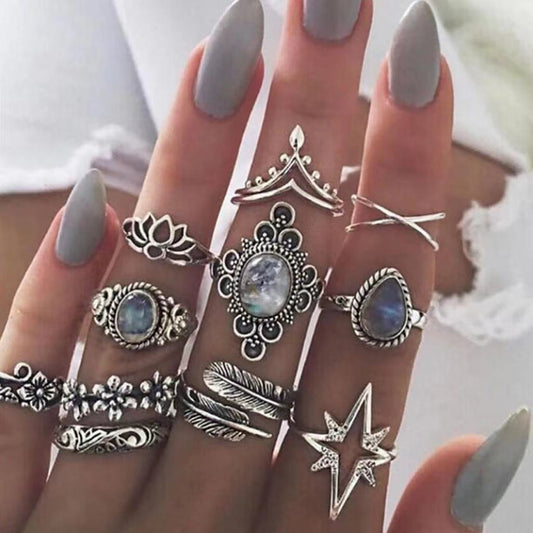 Womens Ring Set 11 Piece Starry Sky Gemstone Rhinestone Totem Carved Boho Unisex Jewelry Gift For Fashion Fans