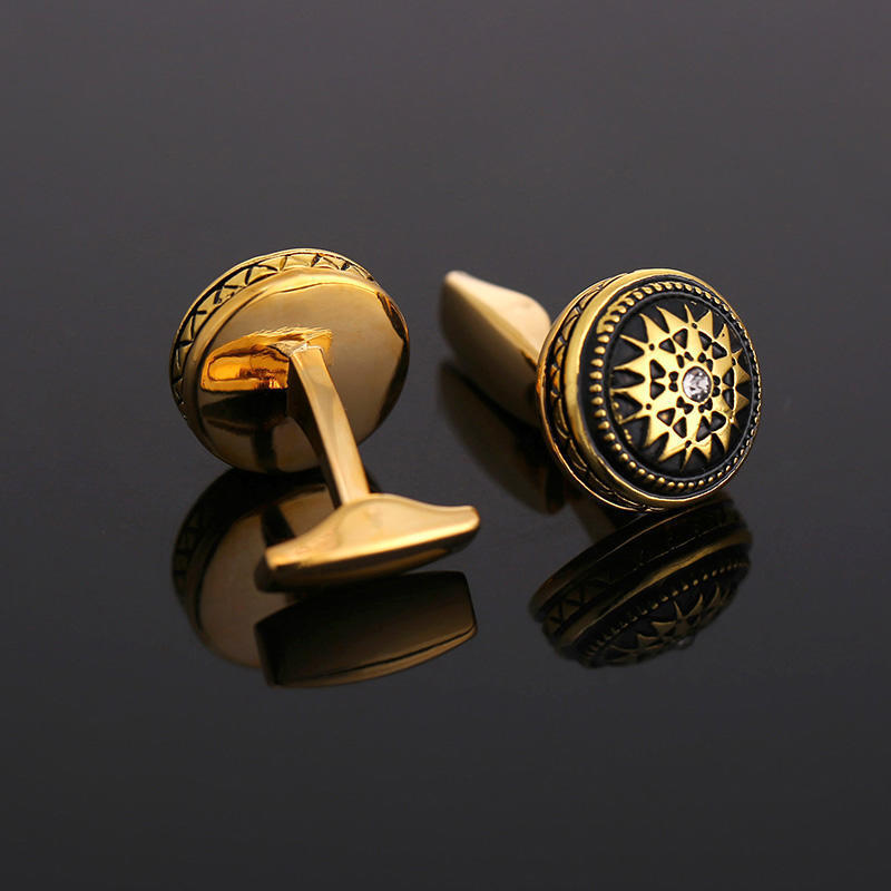 Patterned Crystal Diamond Cufflinks Gold Plated Copper 18mm Diameter Mens Shirt Accessory for Formal Wear ProX