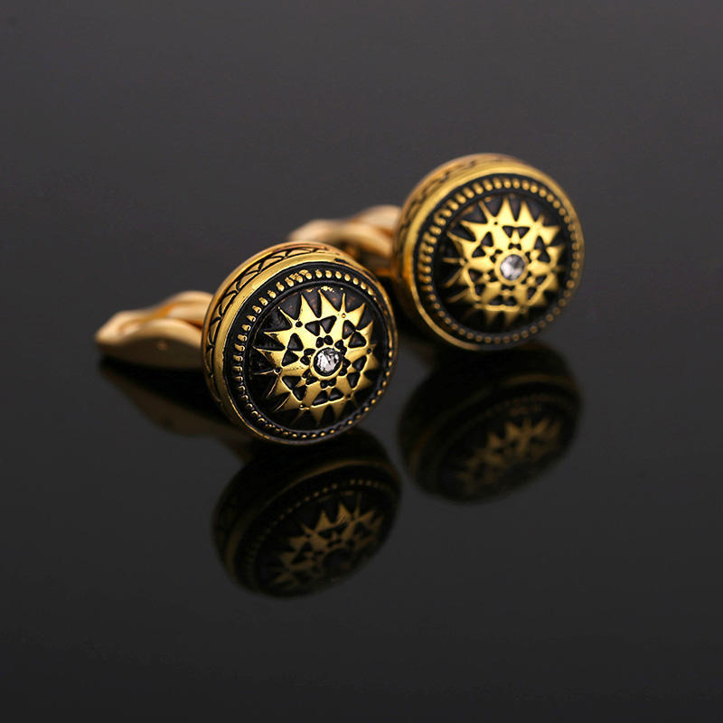 Patterned Crystal Diamond Cufflinks Gold Plated Copper 18mm Diameter Mens Shirt Accessory for Formal Wear ProX