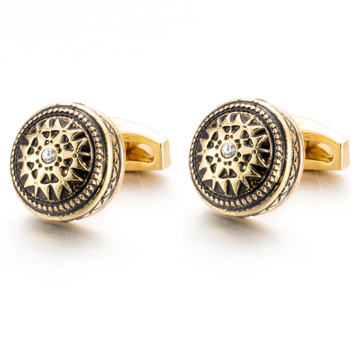 Patterned Crystal Diamond Cufflinks Gold Plated Copper 18mm Diameter Mens Shirt Accessory for Formal Wear ProX
