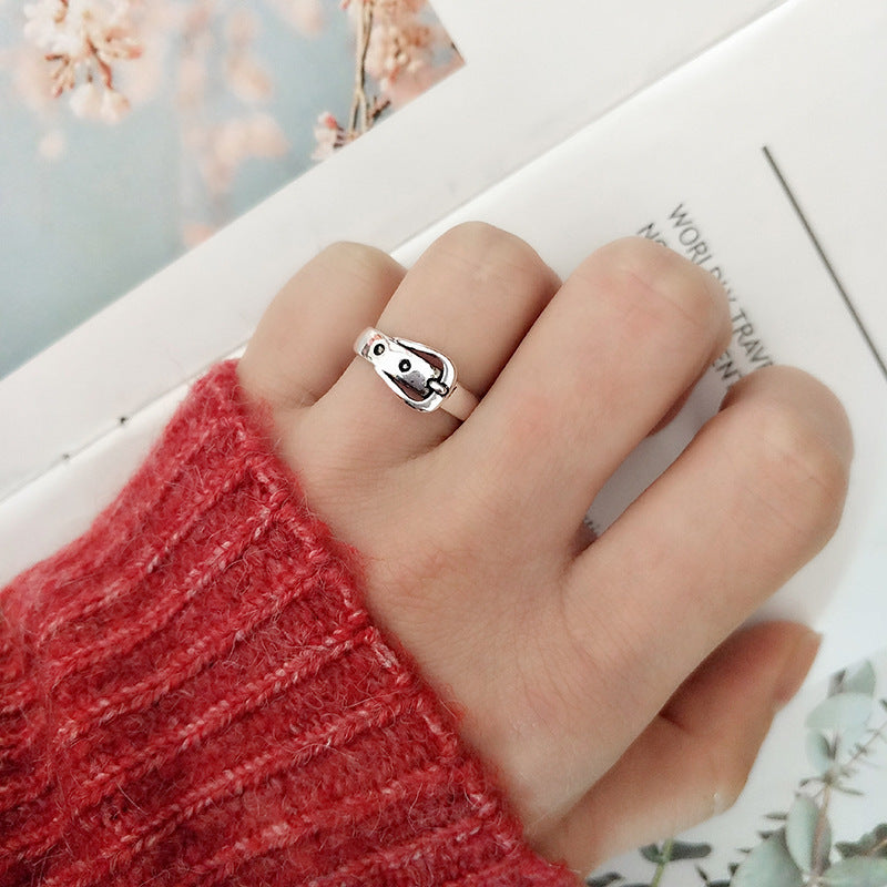 Adjustable Copper Ring Retro Distressed Belt Buckle Thai Silver Finish Korean Style Fashion Ring Wardrobe Ready