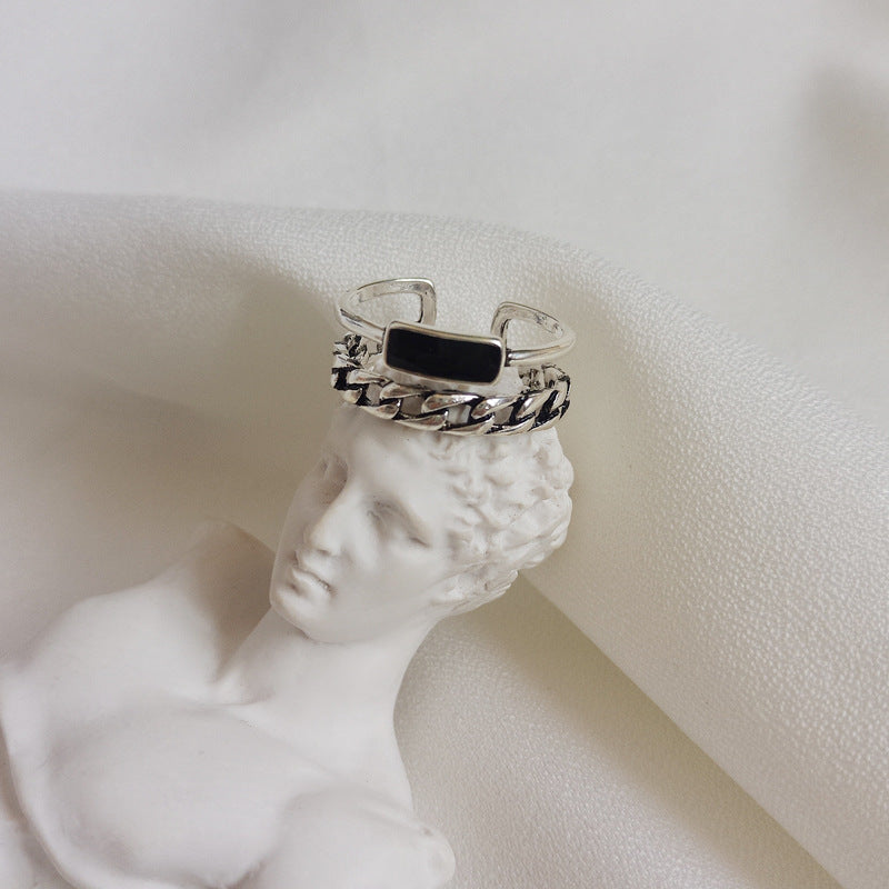 Womens Silver Drip Glaze Double Layer Chain Ring Adjustable Fashion Jewelry For Women Elegant Gift For Her Now