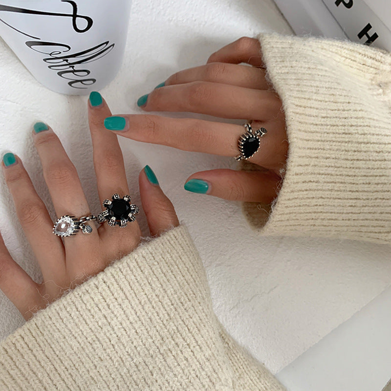 Vintage Flower Drop Ring Womens Adjustable Alloy Gem Inlay Jewelry Statement Accessory Crystals For Daily Wear