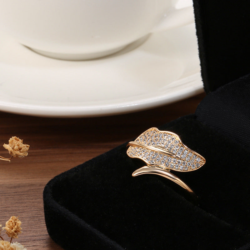 Rose Gold Zircon Simple Small Leaf Banquet Ring Copper With Electroplating Fashion Jewelry Elegant Day to Night Jewelry